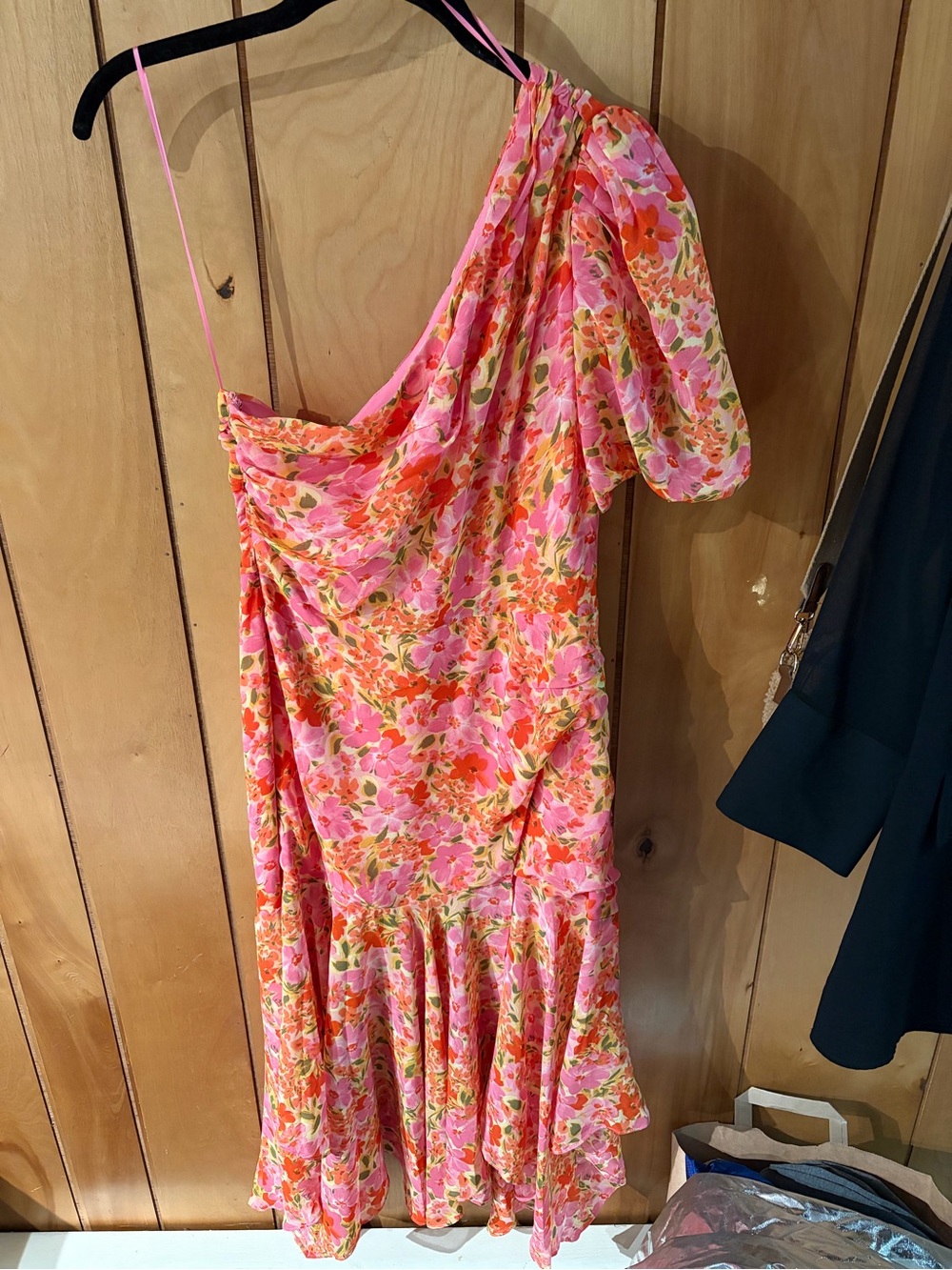 ASTR the Label Floral One-Shoulder Pink & Orange Midi Dress